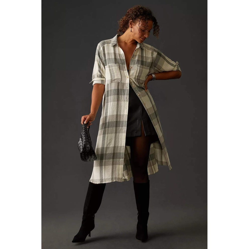 Anthropologie Pilcro Plaid Shirt Dress 2X Plus Longline Duster Shacket Boho